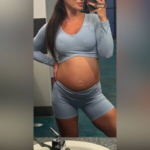 Gymshark Women's Sky Blue Bike Shorts and cropped top